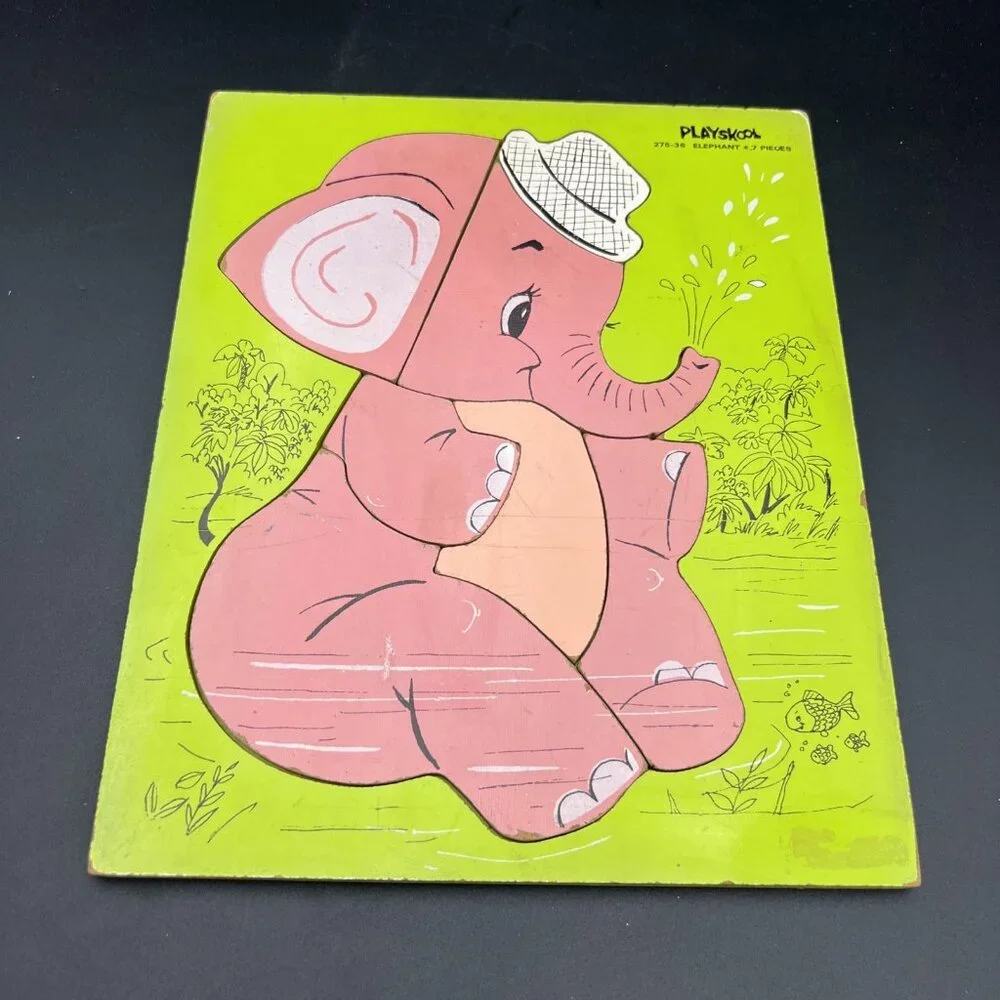 Vintage Green Playskool 275-36 Pink Elephant Wooden Puzzle